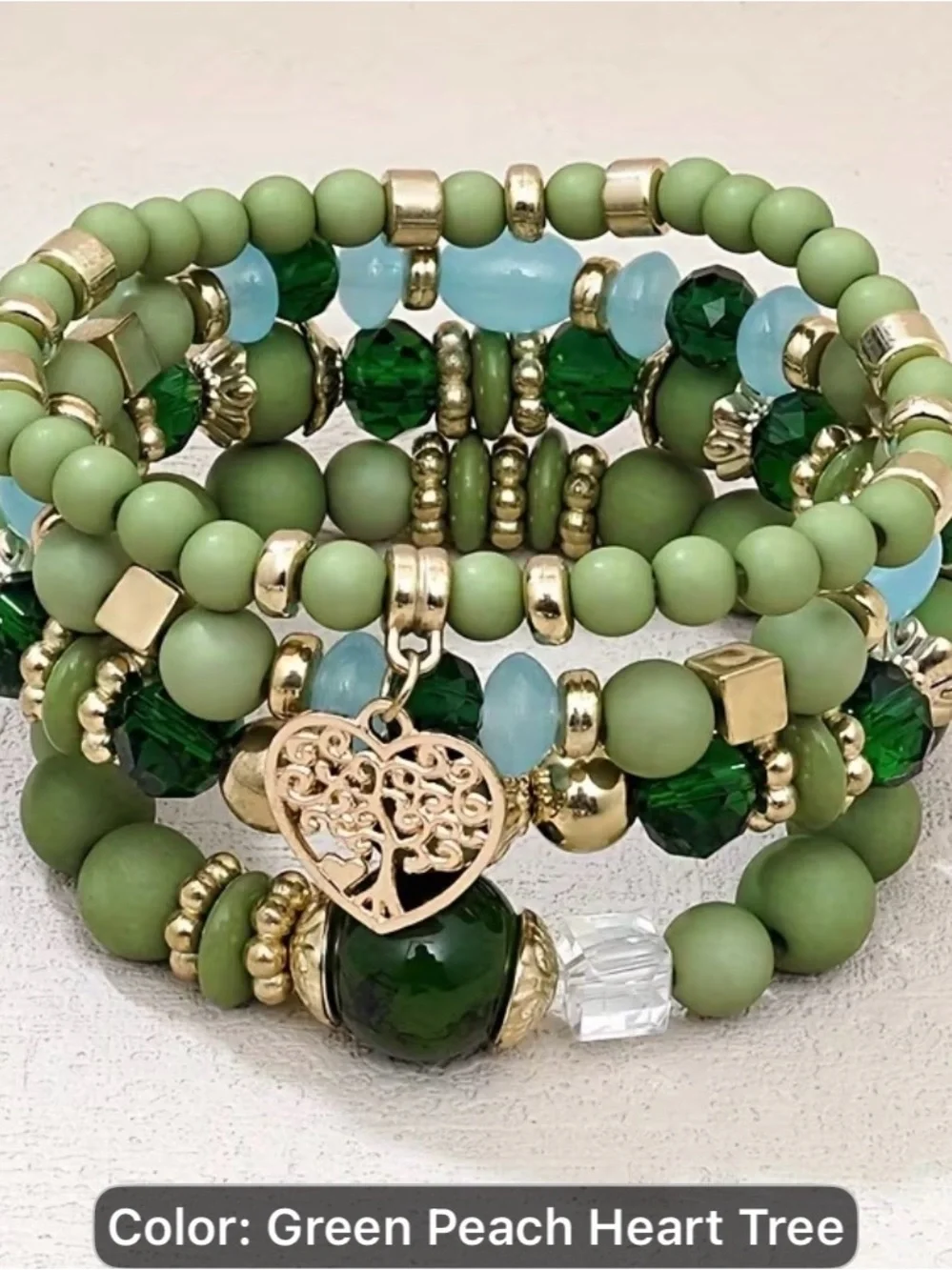 Handmade European & American Hole Bule Beaded Heart Tree Bracelet Stack